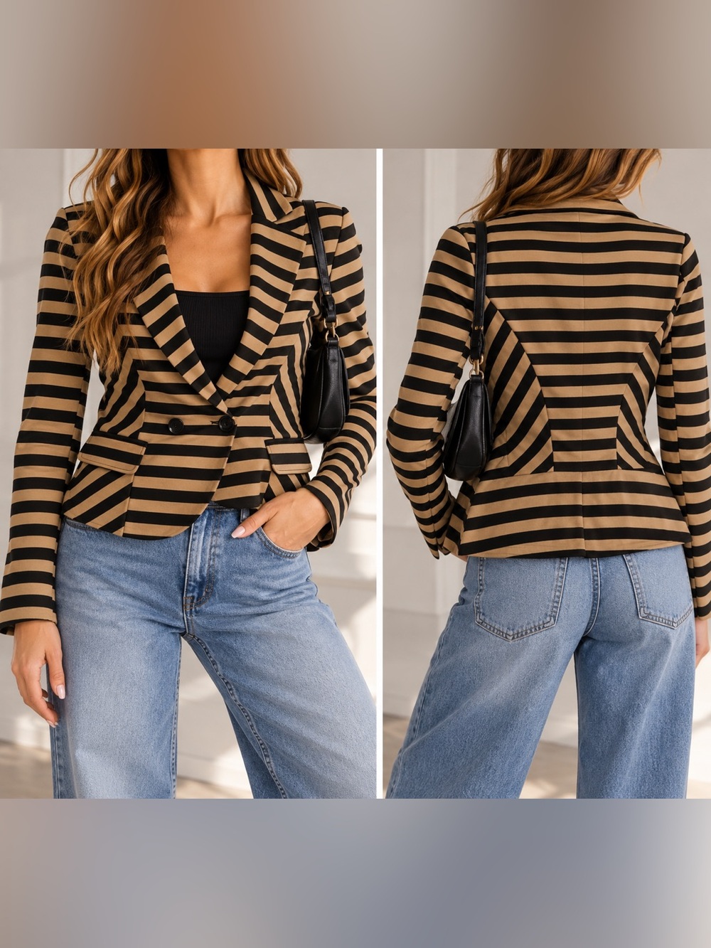 JohnPaulRichard Black & Tan Striped Double-Breasted Blazer